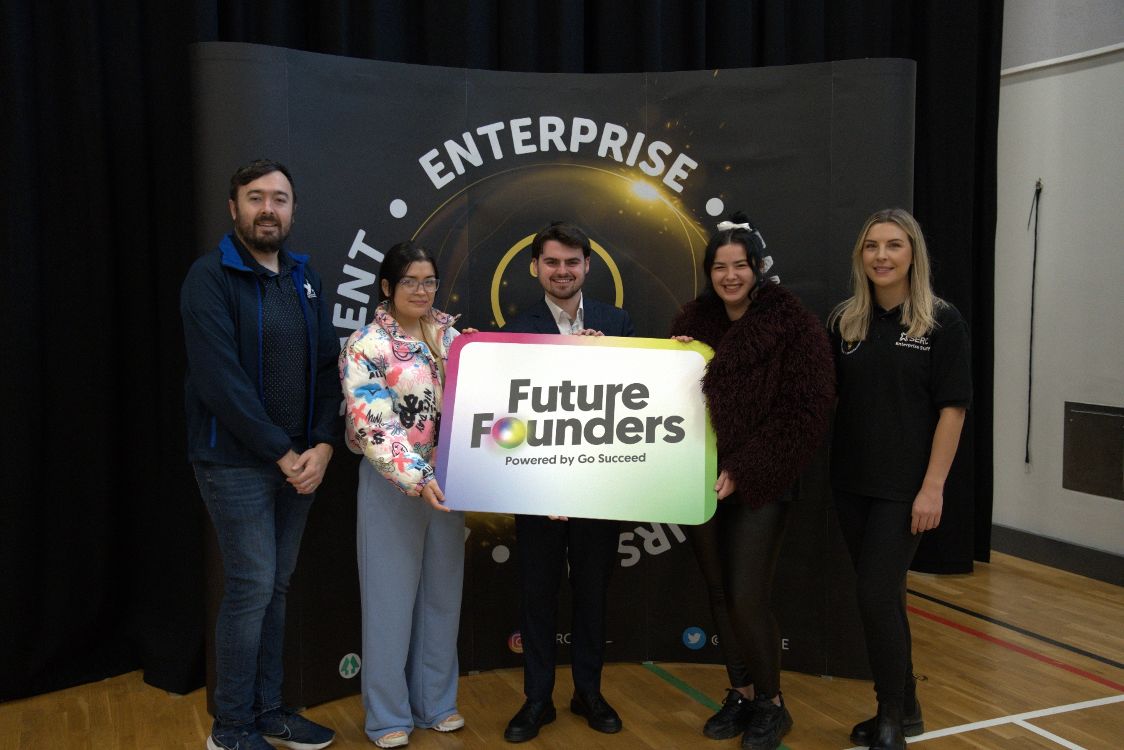 Ryan Stirling, Young Enterprise NI, Codylee Flannery (27), from Crumlin, Level 2 Beauty Therapy, SERC; Councillor Kurtis Dickson, LCCC Regeneration and Growth Committee; Nadia Zerai (26), from Lisburn,  Level 2 Beauty Therapy, SERC, and Megan Rollins, Senior Innovation Advisor, SERC.
